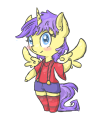 Size: 800x900 | Tagged: safe, artist:otterlore, character:alula, character:pluto, character:princess erroria, species:alicorn, species:pony, bipedal, clothing, female, filly, overalls, pluto, simple background, solo, white background
