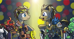 Size: 600x325 | Tagged: safe, artist:saturnspace, character:doctor whooves, character:time turner, species:earth pony, species:pony, clockwise whooves, abstract background, clothing, doctor whooves and assistant, eye contact, gak, looking at each other, male, multiverse, stallion