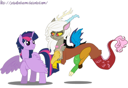 Size: 2752x1884 | Tagged: dead source, safe, artist:jaquelindreamz, character:discord, character:twilight sparkle, character:twilight sparkle (alicorn), oc:dusk shine, oc:eris, species:alicorn, species:pony, ship:discolight, duskeris, prince dusk, rule 63, shipping