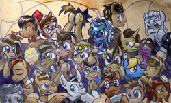 Size: 800x481 | Tagged: safe, artist:saturnspace, character:doctor whooves, character:time turner, clothing, eleventh doctor, everydoctor, everypony, fez, fifth doctor, first doctor, group shot, hat, ninth doctor, plot, ponidox, rule 63, self ponidox, tenth doctor, the doctoress