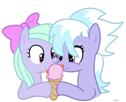 Size: 1126x909 | Tagged: safe, artist:elslowmo, character:cloudchaser, character:flitter, ice cream, licking