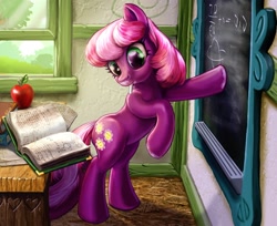 Size: 2000x1629 | Tagged: safe, artist:harwick, character:cheerilee, species:earth pony, species:pony, apple, bipedal, book, chalk, chalkboard, classroom, female, mare, mouth hold, ponyville schoolhouse, reading, school, solo, table, teaching, working, writing