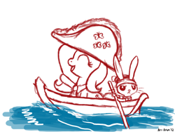 Size: 900x675 | Tagged: safe, artist:aa, character:angel bunny, character:fluttershy, bicorne, boat, clothing, hat, paddle, water