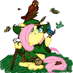 Size: 800x800 | Tagged: safe, artist:aa, character:fluttershy, species:bird, species:pegasus, species:pony, bag, butterfly, clothing, critters, crossover, female, folded wings, hat, looking up, lord of the rings, mare, mouse, radagast, robe, sitting, staff, the hobbit, wings, wizard