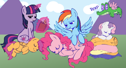 Size: 750x404 | Tagged: safe, artist:allosaurus, artist:megasweet, character:gummy, character:pinkie pie, character:rainbow dash, character:scootaloo, character:sweetie belle, character:twilight sparkle, species:pegasus, species:pony, book, levitation, magic, sleeping, tired