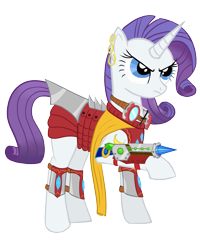 Size: 1400x1754 | Tagged: safe, artist:bonaxor, character:rarity, armor, armorarity, clothing, earring, female, gun, solo, weapon