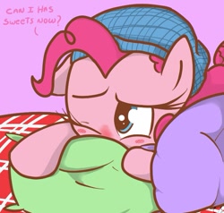 Size: 635x605 | Tagged: safe, artist:nolycs, character:pinkie pie, ask pinkie and berry, bed, clothing, cute, dialogue, diapinkes, female, hat, nightcap, one eye closed, pillow, sick, solo