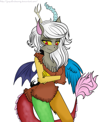 Size: 1195x1412 | Tagged: safe, artist:jaquelindreamz, character:discord, oc:eris, species:anthro, crossed arms, female, looking at you, rule 63, signature, simple background, smiling, smirk, solo, transparent background