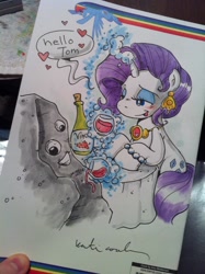 Size: 1024x1371 | Tagged: safe, artist:katiecandraw, character:rarity, character:tom, ship:raritom, bottle, cargo ship, ear piercing, earring, glass, googly eyes, heart, jewelry, katie does it again, magic, necklace, rockcon, shipping, table, wine, wine glass