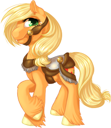 Size: 944x1085 | Tagged: safe, artist:kittehkatbar, character:applejack, species:earth pony, species:pony, bridle, colored hooves, crossed hooves, female, harness, looking up, mare, saddle, simple background, solo, transparent background, unshorn fetlocks