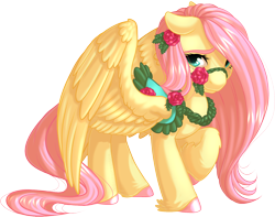 Size: 1204x951 | Tagged: safe, artist:kittehkatbar, character:fluttershy, species:pegasus, species:pony, big wings, bridle, colored eyebrows, colored hooves, cute, female, flower, harness, leg fluff, looking at you, mare, raised hoof, rose, saddle, shy, simple background, solo, spread wings, transparent background, unshorn fetlocks, wings