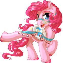 Size: 1021x1024 | Tagged: safe, artist:kittehkatbar, character:pinkie pie, species:earth pony, species:pony, bridle, colored hooves, cute, female, harness, hoof popping, leg fluff, looking at you, mare, open mouth, raised hoof, saddle, sexy saddle, simple background, solo, transparent background, unshorn fetlocks