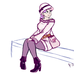 Size: 800x800 | Tagged: safe, artist:aa, character:sweetie belle, clothing, flapper, handbag, hat, humanized, older, older sweetie belle, sitting, teenager