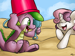Size: 800x600 | Tagged: safe, artist:fizzy-dog, character:spike, character:sweetie belle, species:dragon, species:pony, species:unicorn, ship:spikebelle, baby, baby dragon, beach, bucket, chest fluff, cute, diasweetes, eyes closed, fangs, female, filly, fluffy, green eyes, headbucket, horn, laughing, male, pail, sand, shipping, smiling, spade, spikabetes, straight