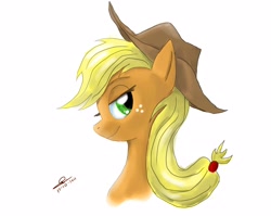 Size: 2800x2230 | Tagged: safe, artist:thedrunkcoyote, character:applejack, bust, female, high res, looking at you, portrait, profile, simple background, solo