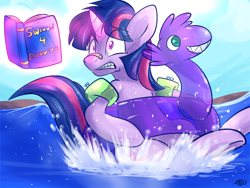 Size: 1024x768 | Tagged: safe, artist:fizzy-dog, character:twilight sparkle, book, female, floaty, inflatable, inner tube, magic, pool toy, solo, swimming, this will end in tears, this will not end well, water, water wings