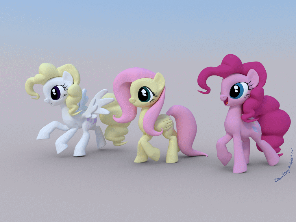 Size: 1024x768 | Tagged: safe, artist:deathpwny, character:fluttershy, character:pinkie pie, character:surprise, g1, 3d, animated, blender, female, g1 to g4, generation leap, running, walking