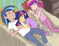 Size: 1280x989 | Tagged: safe, artist:allosaurus, artist:megasweet, character:princess cadance, character:shining armor, character:twilight sparkle, species:human, bed, clothing, cute, eyes closed, holding hands, humanized, on side, pajamas, shiny, sleeping, smiling, snuggling, younger