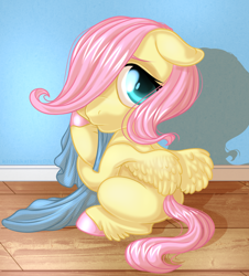 Size: 756x838 | Tagged: safe, artist:kittehkatbar, character:fluttershy, species:pegasus, species:pony, blank flank, blanket, colored hooves, female, filly, filly fluttershy, floppy ears, looking at you, solo, spread wings, unshorn fetlocks, wings, younger