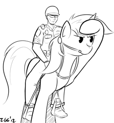 Size: 900x966 | Tagged: safe, artist:tggeko, character:lyra heartstrings, species:human, species:pony, species:unicorn, bit, black and white, bridle, grayscale, heartstrings, monochrome, police