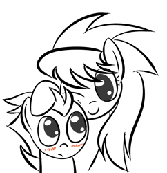 Size: 1094x1128 | Tagged: safe, artist:tggeko, character:cloudchaser, character:rumble, species:pegasus, species:pony, black and white, blushing, bust, colt, duo, female, grayscale, happy, head rub, male, mare, monochrome, no pupils, one eye closed, portrait, rumblechaser, shipping, simple background, smiling, straight, white background