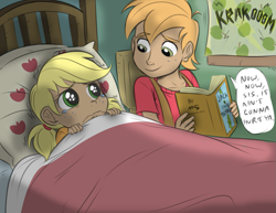 Size: 1347x1041 | Tagged: safe, artist:allosaurus, artist:megasweet, character:applejack, character:big mcintosh, species:human, bed, book, brother and sister, colored, crying, cute, duo, female, humanized, jackabetes, kids, lightning, macabetes, male, pigtails, shiny, siblings, thunder, younger