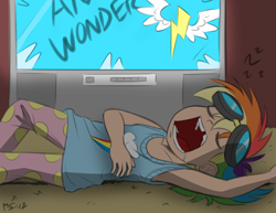Size: 1280x989 | Tagged: safe, artist:allosaurus, artist:megasweet, character:rainbow dash, child, drool, female, goggles, humanized, shiny, sleeping, snoring, solo, television, wonderbolts, younger