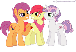 Size: 2132x1472 | Tagged: safe, artist:jaquelindreamz, character:apple bloom, character:scootaloo, character:sweetie belle, species:pegasus, species:pony, applebuck, cutie mark crusaders, older, rule 63, scooteroll, silver bell