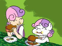 Size: 900x675 | Tagged: safe, artist:aa, character:sweetie belle, species:pony, species:unicorn, burger, duo, female, filly, foal, food, human ponidox, humanized, ponidox, veggie burger