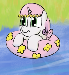 Size: 485x525 | Tagged: safe, artist:tggeko, character:sweetie belle, clothing, hat, inner tube, swimming, swimming cap