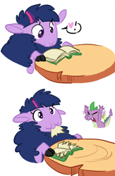 Size: 562x860 | Tagged: safe, artist:elslowmo, character:spike, character:twilight sparkle, species:sheep, :3, angry, book, cute, eyes on the prize, frown, glare, heart, lamb, nom, open mouth, puffy cheeks, smiling, species swap, twilight sheeple