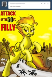 Size: 668x974 | Tagged: safe, artist:pluckyninja, character:spitfire, species:pony, attack of the 50 ft. woman, bipedal, giant pony, giantess, macro, mega spitfire, stupid sexy spitfire, tumblr, tumblr:sexy spitfire