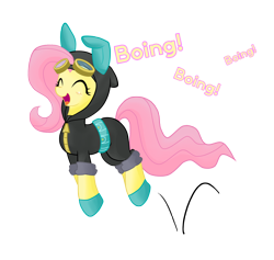 Size: 3164x3000 | Tagged: safe, artist:hidden-cat, character:fluttershy, species:pegasus, species:pony, episode:magic duel, g4, my little pony: friendship is magic, blushing, boing, bunny ears, bunnyshy, clothing, costume, cute, dangerous mission outfit, eyes closed, female, goggles, hoodie, hopping, jumping, mare, open mouth, pronking, shyabetes, simple background, smiling, solo, transparent background