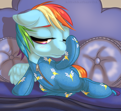 Size: 706x649 | Tagged: safe, artist:kittehkatbar, character:rainbow dash, species:pony, baby, baby pony, clothing, filly, footed sleeper, footie pajamas, hoofie pajamas, onesie, pajamas, younger