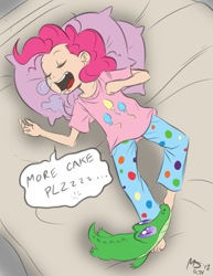 Size: 1041x1347 | Tagged: safe, artist:allosaurus, artist:megasweet, character:gummy, character:pinkie pie, barefoot, bed, clothing, drool, feet, humanized, pajamas, shiny, sleeping, snot bubble, subtle, zzz