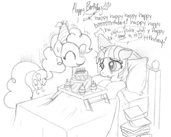 Size: 1005x810 | Tagged: safe, artist:foxxy-arts, character:pinkie pie, character:twilight sparkle, bed, book, cake, party