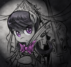 Size: 535x500 | Tagged: safe, artist:saturnspace, character:octavia melody, species:earth pony, species:pony, bow, bow tie, cello, clothing, colored pupils, dress, ear piercing, earring, female, frown, glare, jewelry, limited palette, looking at you, mare, monochrome, musical instrument, partial color, piercing, raised hoof, selective color, solo