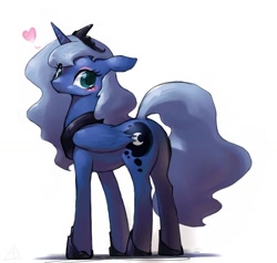 Size: 1132x1077 | Tagged: safe, artist:bluedrg19, character:princess luna, species:alicorn, species:pony, blushing, cute, eyeshadow, female, floating heart, floppy ears, heart, looking at you, looking back, lunabetes, mare, plot, simple background, solo, white background