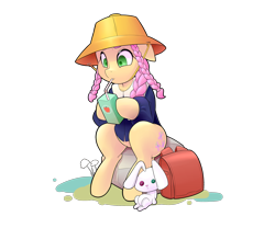 Size: 3000x2500 | Tagged: safe, artist:mrw32, character:angel bunny, character:fluttershy, alternate hairstyle, braid, clothing, filly, hat, juice box