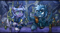 Size: 700x390 | Tagged: safe, artist:saturnspace, character:princess luna, character:star hunter, clockwise whooves, canterlot, clockpunk, jack harkness, night, pointing, shooting star, wine, wine bottle, wine glass