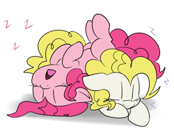 Size: 950x721 | Tagged: safe, artist:lustrous-dreams, character:pinkie pie, character:surprise, g1, g1 to g4, generation leap, on back, open mouth, pony pile, sleeping, z, zzz