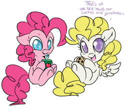 Size: 950x835 | Tagged: safe, artist:lustrous-dreams, character:pinkie pie, character:surprise, species:earth pony, species:pegasus, species:pony, g1, adoraprise, cookie, cute, dialogue, diapinkes, drink, drinking, filly, floppy ears, g1 to g4, generation leap, juice box, looking at you, simple background, sitting, smiling, straw, underhoof, white background, younger