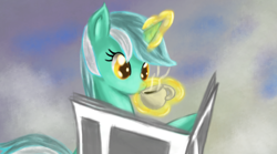 Size: 2100x1167 | Tagged: safe, artist:ardail, character:lyra heartstrings, species:pony, species:unicorn, coffee, cup, drink, drinking, female, magic, morning ponies, newspaper, solo, telekinesis