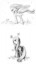 Size: 700x1233 | Tagged: safe, artist:cosmicunicorn, character:fluttershy, butterfly, eyes closed, monochrome, sketch, windswept mane