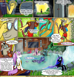 Size: 1600x1664 | Tagged: safe, artist:bonaxor, character:discord, character:nightmare moon, character:princess cadance, character:princess celestia, character:princess luna, character:queen chrysalis, oc, oc:dream, species:alicorn, species:changeling, species:draconequus, species:pony, changeling queen, comic, female, male, mare, wet mane
