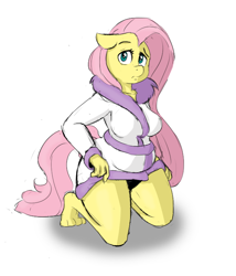 Size: 600x700 | Tagged: safe, artist:allosaurus, artist:jalm, character:fluttershy, species:anthro, species:plantigrade anthro, barefoot, bathrobe, breasts, busty fluttershy, chubby, clothing, feet, female, floppy ears, plump, robe, solo, wide hips