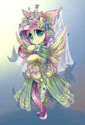Size: 750x1100 | Tagged: safe, artist:saturnspace, character:fluttershy, species:pegasus, species:pony, clothing, costume porn, crown, cute, design, detailed, diadem, dress, female, gala dress, head tilt, horseshoes, jewelry, looking at you, regalia, shyabetes, solo, spread wings, wings