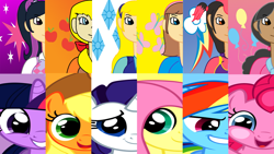 Size: 1024x576 | Tagged: safe, artist:odiz, character:applejack, character:fluttershy, character:megan williams, character:pinkie pie, character:rainbow dash, character:rarity, character:twilight sparkle, blythe baxter, carly spencer, crossover, frankie greene, icarly, kelley hammon, littlest pet shop, mane six, miko nakadai, shezow, transformers, transformers prime, transformers rescue bots