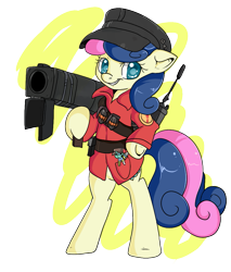 Size: 823x964 | Tagged: safe, artist:lustrous-dreams, character:bon bon, character:lyra heartstrings, character:sweetie drops, species:earth pony, species:pony, bipedal, clothing, grenade, looking at you, rocket launcher, semi-anthro, smiling at you, soldier, team fortress 2