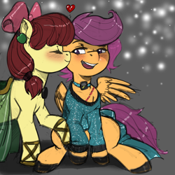 Size: 900x900 | Tagged: safe, artist:allosaurus, artist:kevinsano edits, edit, character:apple bloom, character:scootaloo, species:pegasus, species:pony, ship:scootabloom, dressup, female, kissing, lesbian, nuzzling, shipping